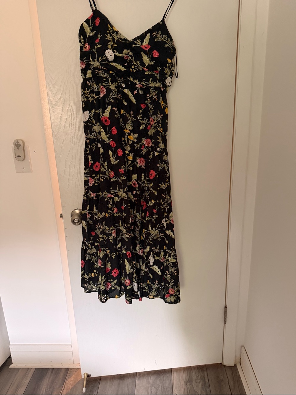 Zara Black Floral Spaghetti-Strap Midi Dress with Pink and Yellow Blooms